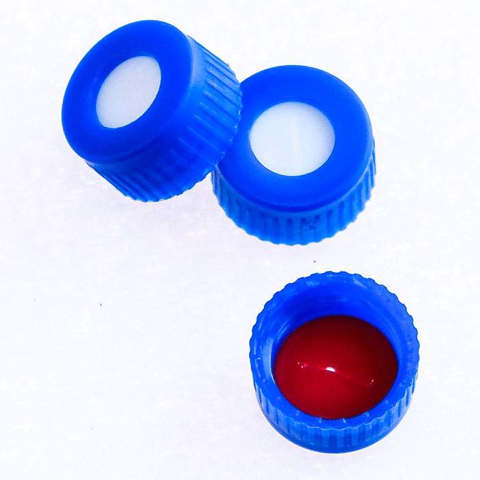 9 mm Pre-Assembled Blue Polypropylene Screw Cap with Pre-Slit PTFE/Silicone Septa, 100/pk